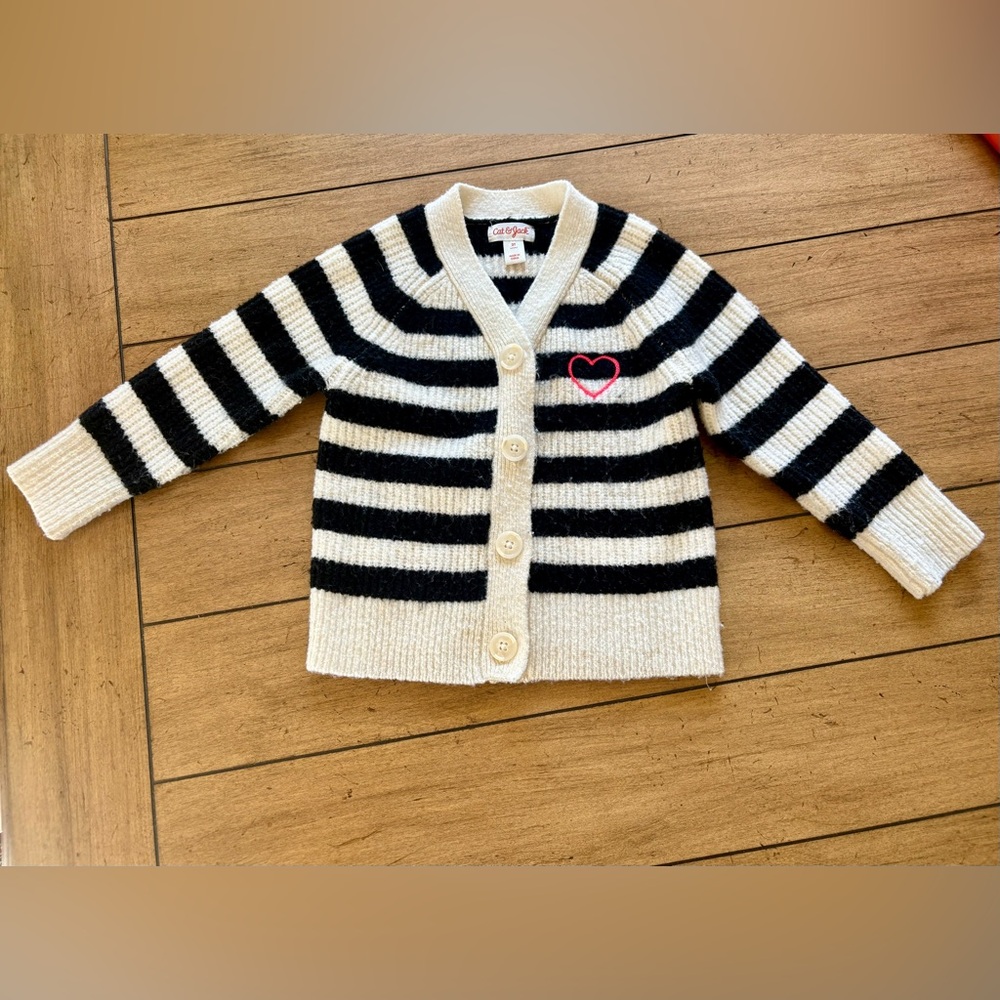 Cat & Jack Black & White Striped Cardigan with Heart Embroidered, Size 2T